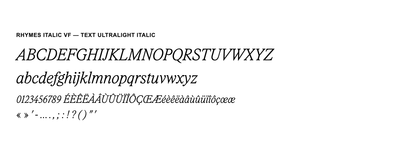 Spécimen de Rhymes Italic VF Text UltraLight Italic