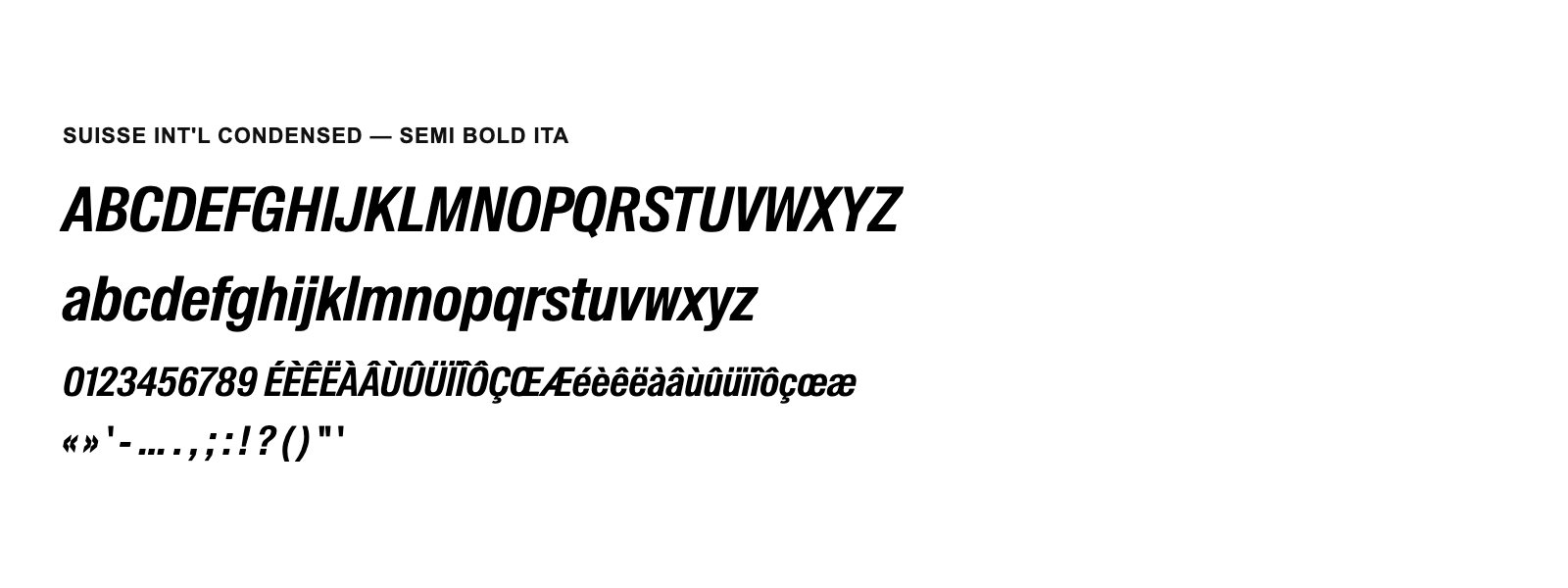 Spécimen de Suisse Int&rsquo;l Condensed Semi Bold Ita