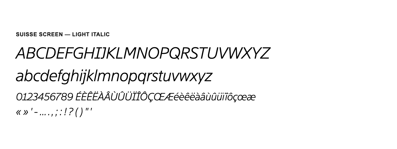 Spécimen de Suisse Screen Light Italic