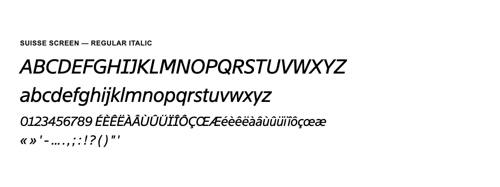 Spécimen de Suisse Screen Regular Italic