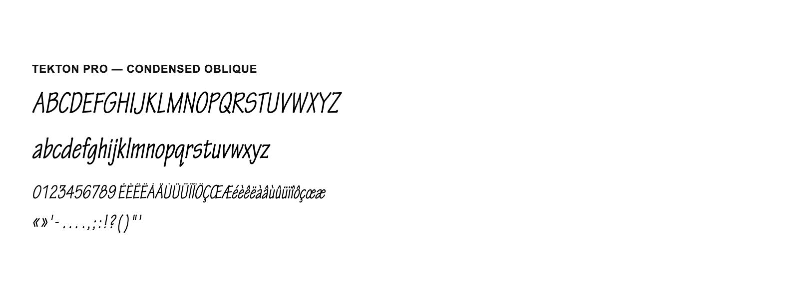 Spécimen de Tekton Pro Condensed Oblique