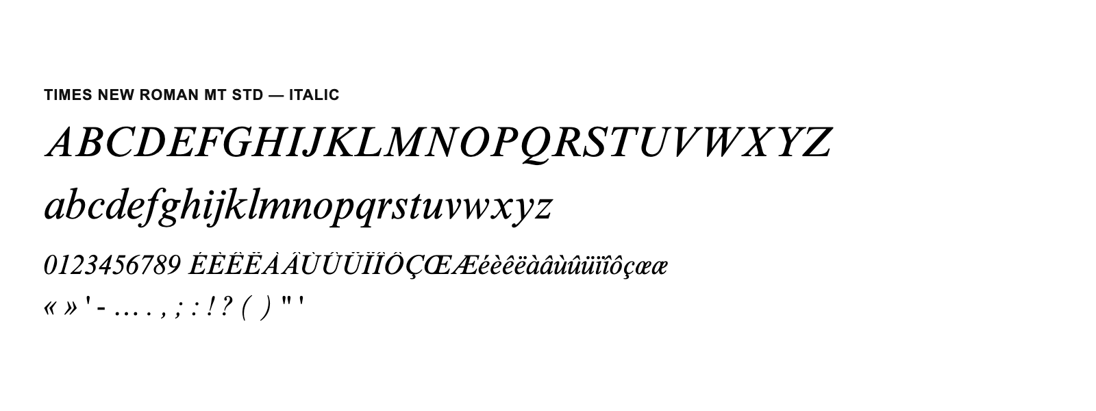 Spécimen de Times New Roman MT Std Italic