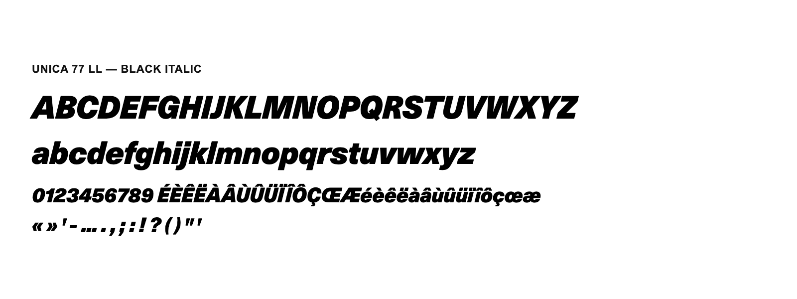Spécimen de Unica 77 LL Black Italic