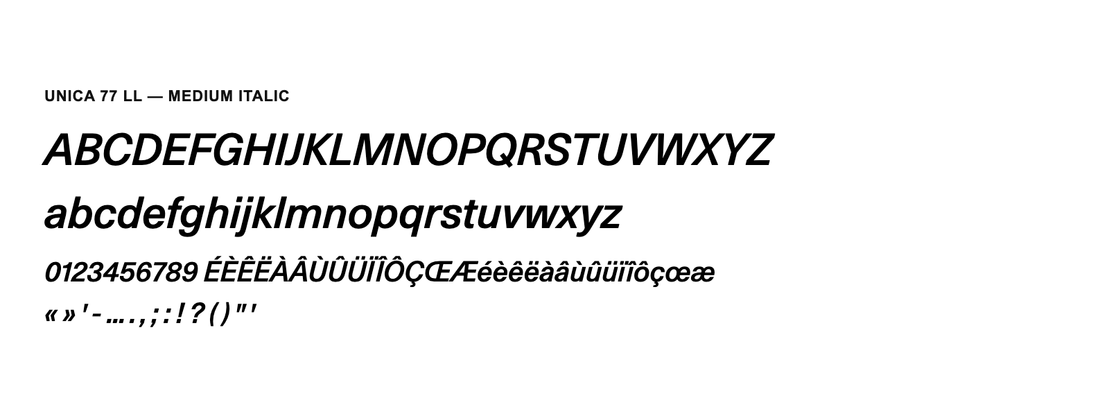 Spécimen de Unica 77 LL Medium Italic