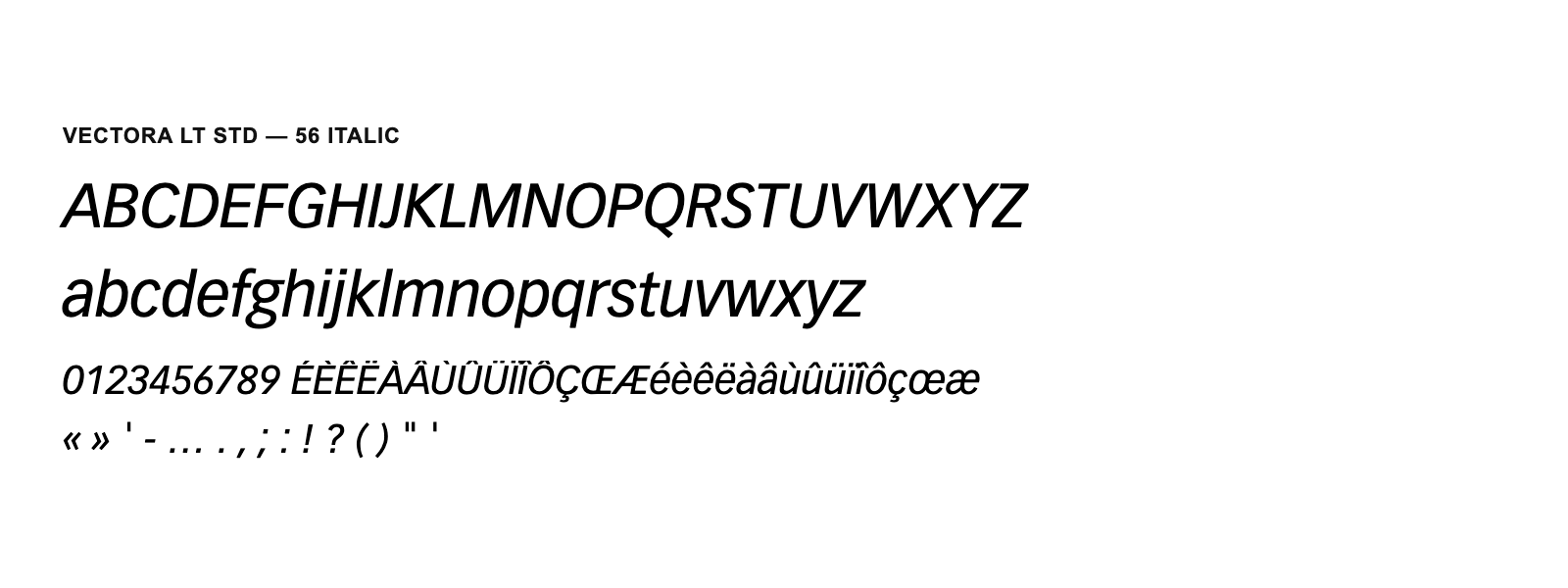 Spécimen de Vectora LT Std 56 Italic